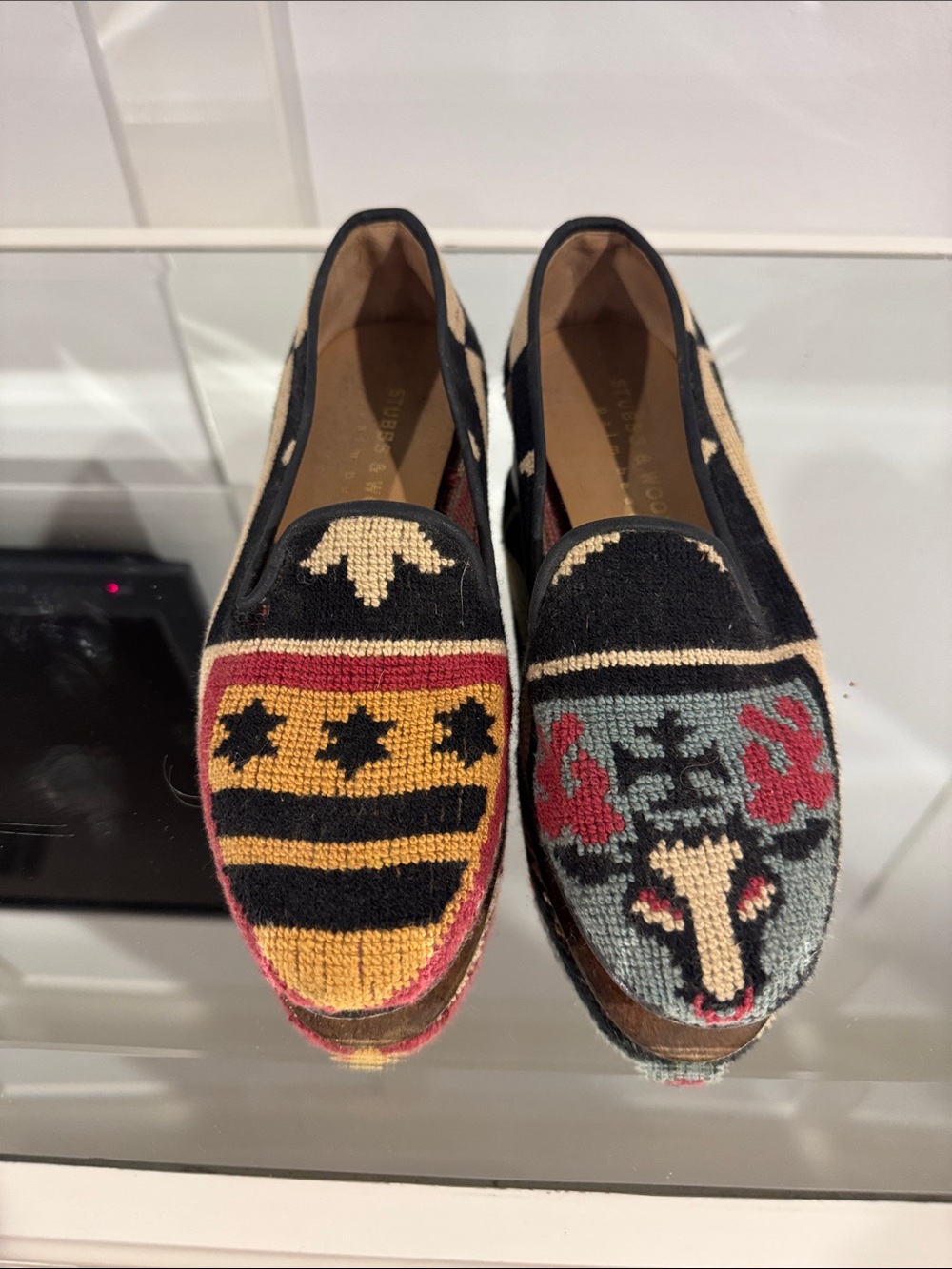 Stubbs & Wootton Black and Cream Embroidered Slip-On Loafers